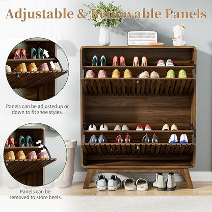 Fluted Narrow Shoe Cabinet for Entryway, Slim Wood Shoe Storage Cabinet with Flip Drawers, Bamboo Thin Shoe Rack Organizer for Entry Way, Hallway, Hidden, Walnut