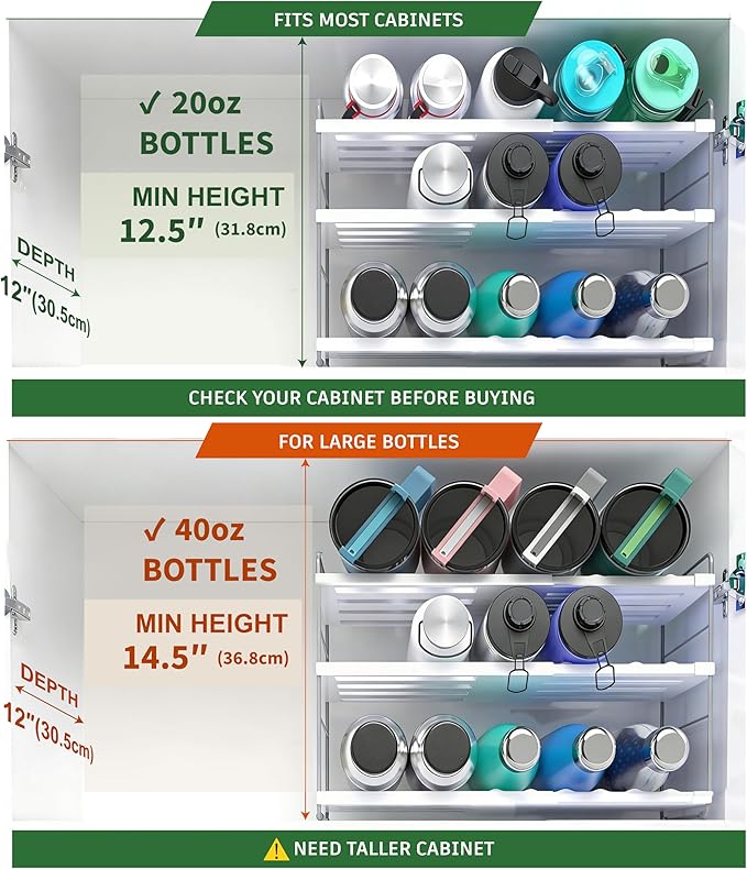 YAN & HIN Expandable Water Bottle Organizer for Cabinet, 3 Tier Tumbler Organizer, Adjustable Bottle Holder for Stanley, Hydro Flask, Kitchen Pantry Storage Rack (2 Pack)