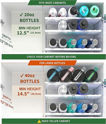 YAN & HIN Expandable Water Bottle Organizer for Cabinet, 3 Tier Tumbler Organizer, Adjustable Bottle Holder for Stanley, Hydro Flask, Kitchen Pantry Storage Rack (2 Pack)