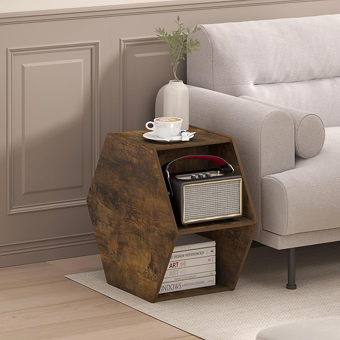 Furinno Simple Design Coffee Table, Hexagon Modern Center Table with Open Shelf, Vertical or Horizontal Side Table, for Living Room, Bedroom, Home Office, Amber Pine