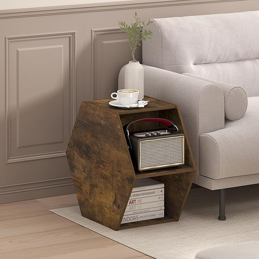 Furinno Simple Design Coffee Table, Hexagon Modern Center Table with Open Shelf, Vertical or Horizontal Side Table, for Living Room, Bedroom, Home Office, Amber Pine