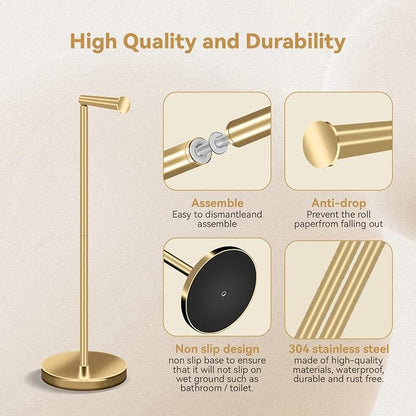 RRM Toilet Paper Holder Stand, Bathroom Free Standing Toilet Paper Holder with Reserve Storage 3-4 Toilet Paper Rolls (Golden)