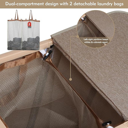 DOKEHOM 160L Extra Large Laundry Hamper with Lid, 2-Section Double Laundry Basket with Removable Mesh Liner Bags, Collapsible Clothes Sorter for Family, Bedroom, Laundry Room, Khaki
