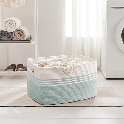 86L Large Laundry Basket for Living Room Storage,Woven Rope Baskets for Blanket,Kids Toy,Gifts,Wicker Hamper for Bedroom Dirty Clothes,24"x16"x14" White Green