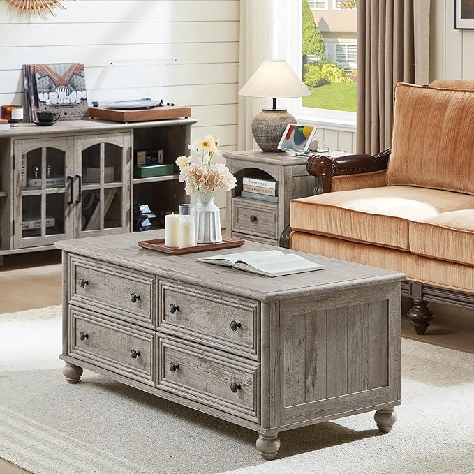 48" Farmhouse Coffee Table with Hidden Storage,Wooden Coffee Tables with 4 Drawers & Roman Column Handle,Rectangular Rustic Center Table with Solid Wood Curved Legs for Living Room,Office,Grey