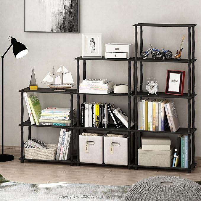 Furinno TURN-N-TUBE Storage Shelves, 3-Tier Book Shelf, Corner Shelf, Toolless Open Shelves, for Organization and Storage, Living Room, Garage, Home Office, Americano