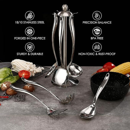 18/10 Stainless Steel Cooking Utensils Set with Holder, 7-Pieces All Metal Kitchen Utensils, 15’’ Long Kitchen Tools with Countertop Rotating Stand, Spatula, Ladle, Skimmer, Tunner, Pasta, Large Spoon