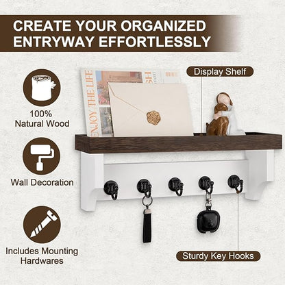 Key and Mail Holder Wall Mount, Key Holder with Shelf and Mail Organizer Wall Mount. Mail Holder with 5 Hooks for Coat, Dog Leash, Home Decor Rack, Entry Way Organizer (Brown & White)