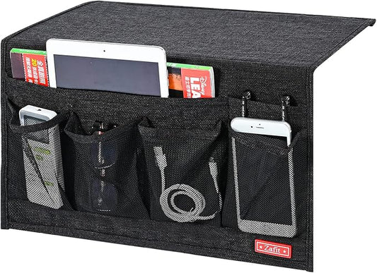 Zafit Linen 6 Pockets Bedside Caddy, Bedside Storage Organizer for Magazine, Remotes, Phone (Black)