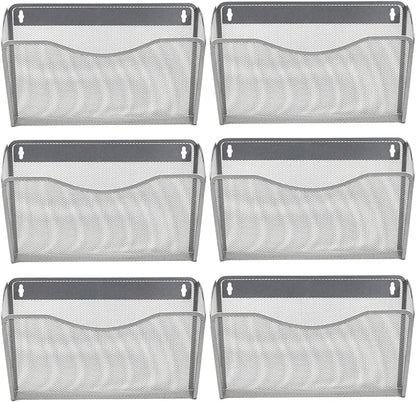 EASEPRES 6 Single Pocket Mesh Hanging File Organizer, Vertical Wall Mounted Magazine File Holder, Mount Basket Mail Paper Document Folder Organizing for Office, Home and School, Silver