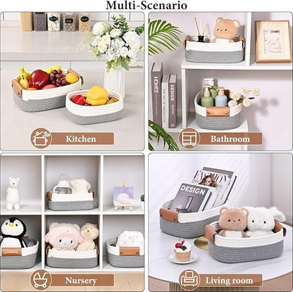 Storage Baskets for Organizing, Small Woven Basket Set of 6 - 4 Shelf Basket with Leather Handle and 2 Small Gift Baskets, Cotton Rope Basket for Shelves, Nursery, Dog Toy, Bathroom