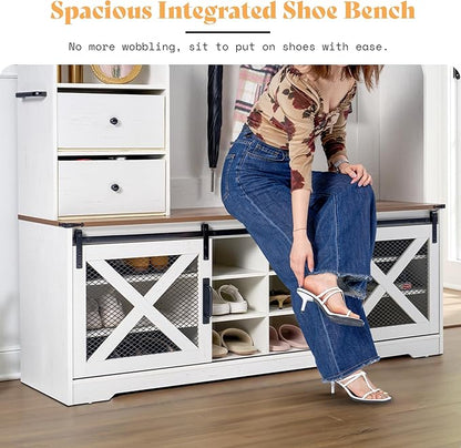 AMERLIFE 7-in-1 Farmhouse Hall Tree with Bench and Shoe Cabinet, LED Entryway Organizer with 2 Drawers, 12 Shoe Cubbies & Barn Doors, 7 Coat Racks with Shoe Storage, Rustic White