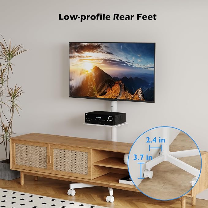 BONTEC Rolling TV Stand with Tilt, Mobile TV Stand Wheels for 23–65 Inch TVs, Portable Outdoor TV Cart with Adjustable Shelf for Living Room, Bedroom, Holds 88 lbs, Max VESA 400x400mm, White