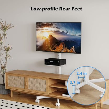 BONTEC Rolling TV Stand with Tilt, Mobile TV Stand Wheels for 23–65 Inch TVs, Portable Outdoor TV Cart with Adjustable Shelf for Living Room, Bedroom, Holds 88 lbs, Max VESA 400x400mm, White