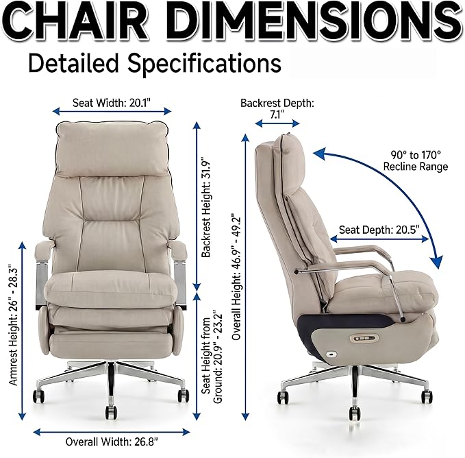Dual Motor Executive Home Reclining Office Chair with Footrest - One-Click Electric Recline with Massage & Pillow Support Big and Tall PU Leather Ergonomic Desk Chair, High Back Wide Seat (White)