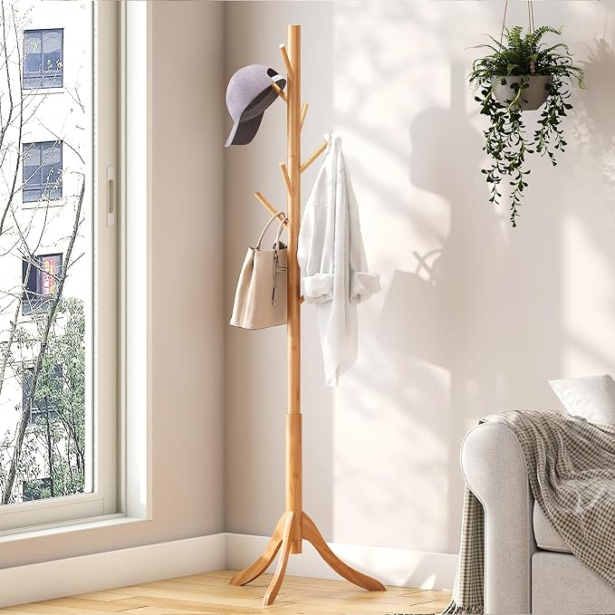 kiplant Coat Rack Freestanding, Bamboo Wood Coat Stand with 8 Hooks,3 Adjustable Size,Easy Assembly NO Tools Required, Coat Tree Hanger Stand for CoatsScarves in Hallway