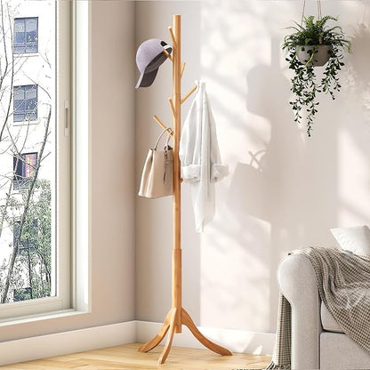 kiplant Coat Rack Freestanding, Bamboo Wood Coat Stand with 8 Hooks,3 Adjustable Size,Easy Assembly NO Tools Required, Coat Tree Hanger Stand for CoatsScarves in Hallway