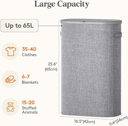 Lifewit Slim Laundry Basket with Lid, Narrow Large Laundry Hamper with Plastic Handles and Removable Bag, Tall Foldable Dirty Clothes Hampers for Laundry Room, Bedroom, Bathroom, Dorm, 65L Gray
