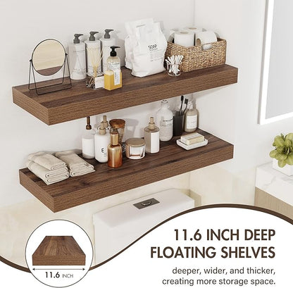 Acovy 24 Inch Floating Shelves, 12" Deep Floating Shelf Wall Mounted, 24" Wall Shelves, Rustic Deep Bookshelf, Extra Deeper & Thicker Display Shelves for Bedroom, Living Room, Walnut, Set of 2