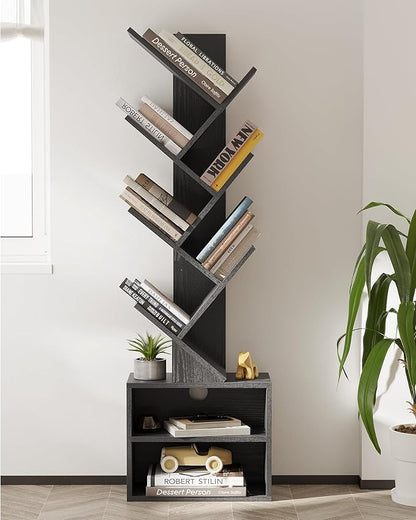 SUNMORY 6 Tier Tree Bookshelf, Small Bookcase with Storage Cabinet, Modern Narrow Bookshelves Organizer, Floor Standing Book Shelf for Bedroom/Living Room/Home Office/Corner, Black