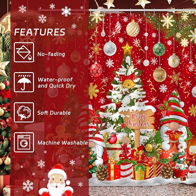 Merry Christmas Gnome Shower Curtain, Winter Xmas Tree Snow Home Holiday Bathroom Decor, Polyester Cloth Fabric Bath Curtain with 12 Hooks 72" W x 72" L Red