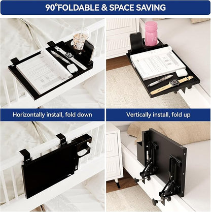 Metal Bedside Shelf Table Tray with Cup Holder, Foldable Bed Side Table for Bunk Bed & Top Bunk, College Dorm Room Essentials for Guys & Girls, Clip-on Laptop Nightstand for IKEA Beds, Black