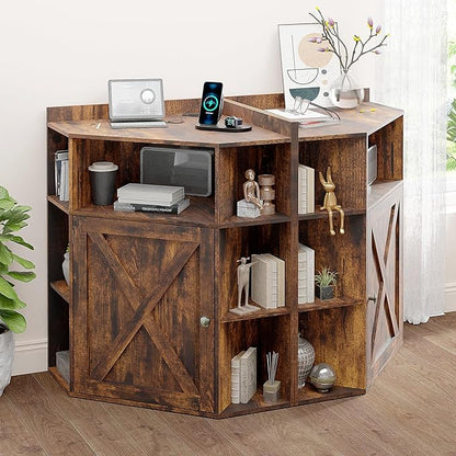 Vabches Corner Cabinet, Corner Storage Shelf with USB Ports and Outlets Industrial Organizer for Small Space Wooden 6-Cubby Bookshelf for Study, Playroom, Living Room (Amber Pine)