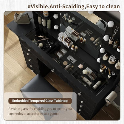 Vanity Desk with Power Outlet, Makeup Table with Mirror and 12 LED Lights, 3 Color Lighting Modes, 11 Drawers Makeup Vanity with 4 Shelves, Fold-up Panel, Vanity Set for Bedroom, Black