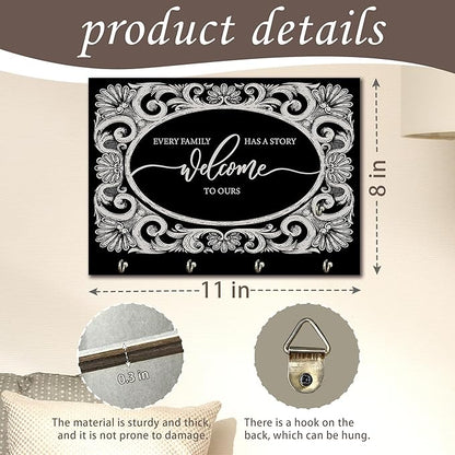 11" x 8" Vintage Solid Wood Wall-Mounted Key Holder - Welcome to Ours - with 4 Metal Hooks for Easy Hanging, Suitable for farmhouses, Homes, bedrooms, Wall Decorations & Gifts (1 Pcs) - A10