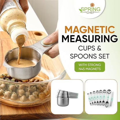 Spring Chef Magnetic Measuring Cups & Spoons Set, Patented, Strong N45 Magnets, Heavy Duty Stainless Steel Fits in Spice Jars for Baking & Cooking, BPA Free, Round Set of 15 with Leveler, Mint