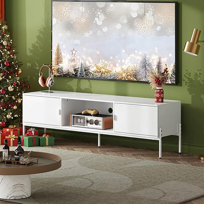 WLIVE 58" TV Stand for 65 Inch TVs, Mid Century Modern Entertainment Center with 2 Storage Cabinets & Open Shelf, Media Console Table with Metal Legs for Living Room, Bedroom, White
