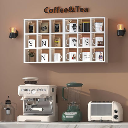 Helsin 9 Grid Vintage Coffee Mug Display Rack, 16inch Wall Mounted Wooden Curio Shadow Box Shelf, Cup Floating Shelves Display and Organizer (White)