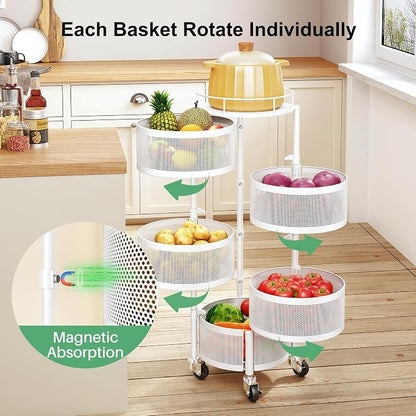 SAYZH Fruit Vegetable Basket for Kitchen, Rotating Storage Rack, 5 Tier Rolling Cart with top lid, Large Metal Wire Wheels (White)