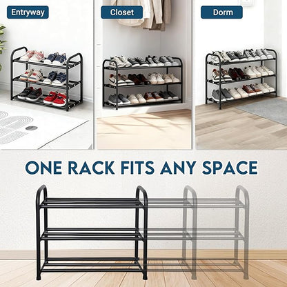 LOFTEY 3 Tier Expandable Shoe Rack for Closet, 18"-30.5" Length Adjustable Shoe Rack, Compact Metal Shoe Shelf for Entryway, Dorm, Front Door, Garage, Black