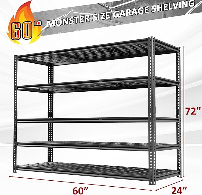 VDEVY 60" W Garage Shelving Heavy Duty, 5-Tier Storage Shelves, 3030LBS Adjustable Metal Shelving Units for Basement, Kitchen, Commercial, Warehouse,Pantry, Black