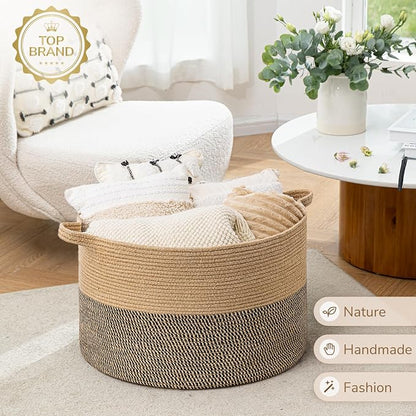 INDRESSME Extra Large Woven Baskets for Storage, 21.7 x 13.8 Blanket Basket Living Room Wicker Storage Basket for Organizing Woven Laundry Baskets for Toy Pillow Shoe, Entryway, Black Jute