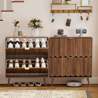 ORRD Shoe Storage Cabinet for Entryway with 2 Flip Drawers Set of 2, Freestanding Narrow Wood Shoe Cabinet with Wave Panel, Hidden Shoe Organizer for Foyer, Hallway (Walnut)