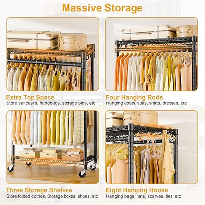 P5 Rolling Clothes Rack Heavy Duty, Clothing Racks for Hanging Clothes, Metal Garment Rack with Wheels, 3-Tier Portable Closet Rack 39.4'' W × 20.5'' D × 80.5'' H, Max Load 650 Lbs, Black