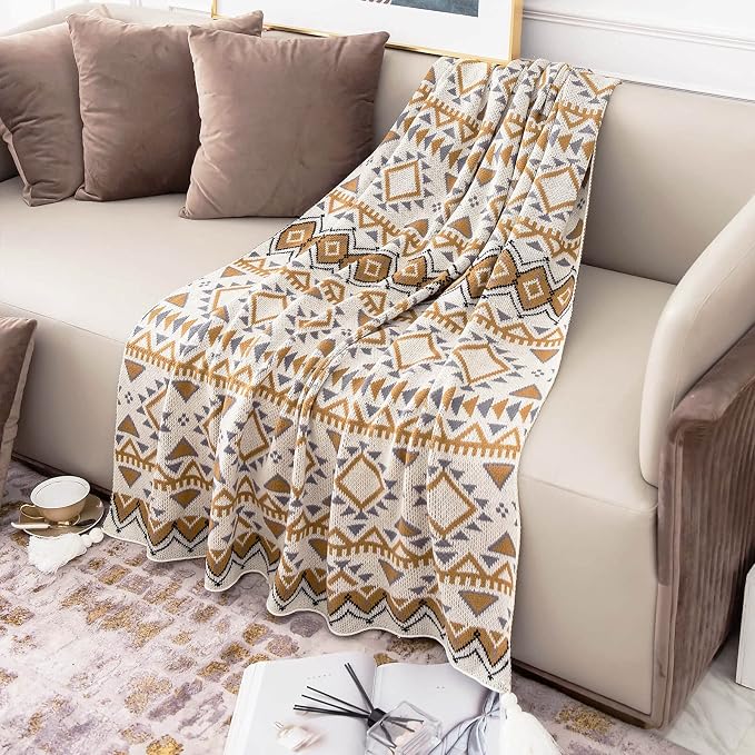 Boho Throw Blanket, Knitted Brown Tassel Throw Blankets, Soft Lightweight Vintage Tan Throw Blanket for Sofa Couch Bed and Living Room- All Seasons (50x60 Inch)
