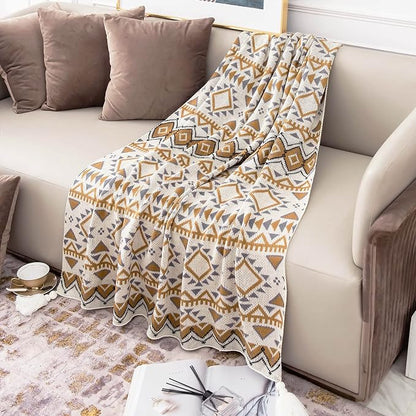 Boho Throw Blanket, Knitted Brown Tassel Throw Blankets, Soft Lightweight Vintage Tan Throw Blanket for Sofa Couch Bed and Living Room- All Seasons (50x60 Inch)