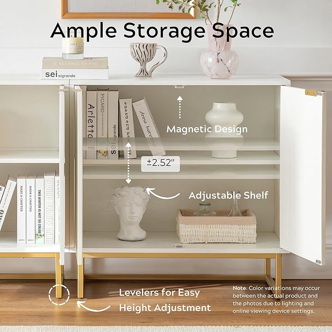 Fluted Storage Cabinets Set of 2, Sideboard Buffet Cabinet Accent Cabinet with Adjustable Shelves, Modern Credenza, Console Table Entryway Cabinets for Living Room, White