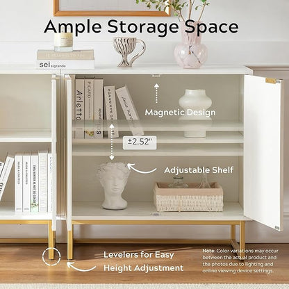 Fluted Storage Cabinets Set of 2, Sideboard Buffet Cabinet Accent Cabinet with Adjustable Shelves, Modern Credenza, Console Table Entryway Cabinets for Living Room, White