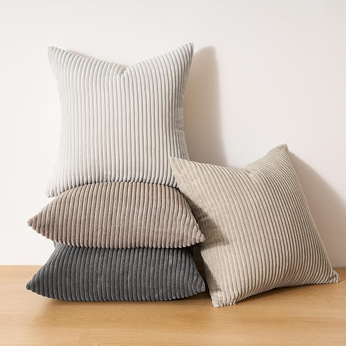Topfinel 4 Packs Natural Decorative Throw Pillows Covers 24x24 Inch for Living Room Couch Bed Sofa, Rustic Farmhouse Boho Home Decor, Soft Plush Striped Corduroy Square Cushion Case 60x60 cm