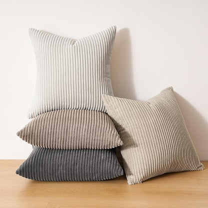 Topfinel 4 Packs Natural Decorative Throw Pillows Covers 24x24 Inch for Living Room Couch Bed Sofa, Rustic Farmhouse Boho Home Decor, Soft Plush Striped Corduroy Square Cushion Case 60x60 cm