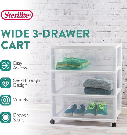 Sterilite 3 Pack Wide 3 Drawer Storage Cart, Plastic Organizer with Wheels, White - Multipurpose Bin for Clothes, Accessories, or Home Accessories