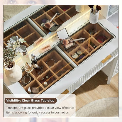 T4TREAM 48" Fluted Makeup Vanity Desk with Large 36" Mirror and Lights, Modern Glass Top Big Vanity Table with 5 Drawers & Adjustable Shelves, Dressing Table Set w/Charging Station for Bedroom, White