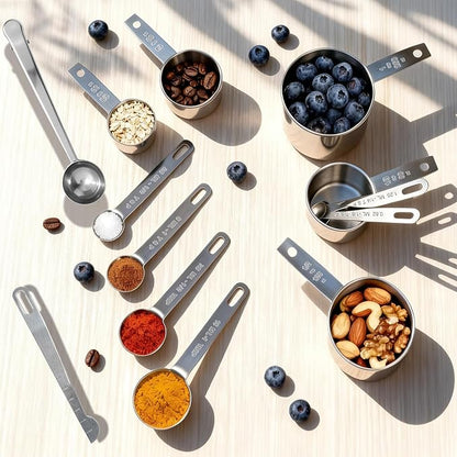 Measuring Cups and Spoons Set of 13, Stainless Steel 5 Nesting Measure Cups Set & 6 Measuring Spoons Set & 1 Leveler +1 Spoon Clip - Kitchen Baking Tools for Cooking.