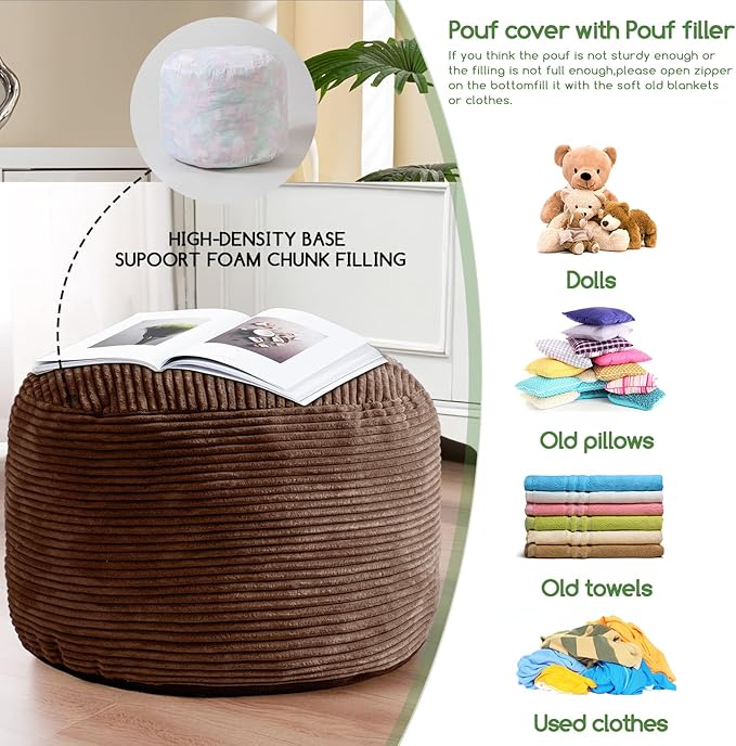 HIGOGOGO Round Stuffed Pouf Ottoman, Corduroy Poufs with Foam Chunk Filling, Furry and Fluffy Pouf Foot Stool Storage Ottoman, 26 X 18 Floor Poufs Foot Rest for Living Room, Brown