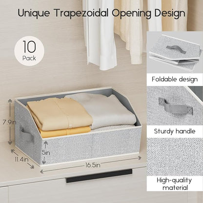 Homsorout Large Closet Organizers and Storage Bins - 10 Pack Trapezoid Storage Baskets for Shelves, Foldable Fabric Baskets with Handles Ideal for Closet, Basket, Wardrobe and Shelf Storage,Light Grey