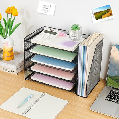 OPNICE Desk Organizers and Accessories, 5-Tier Paper Organizer Letter Tray with Magazine Holder, Office Desk Accessories & Workspace Organizers, Desktop File Organizer for Office Supplies, Black